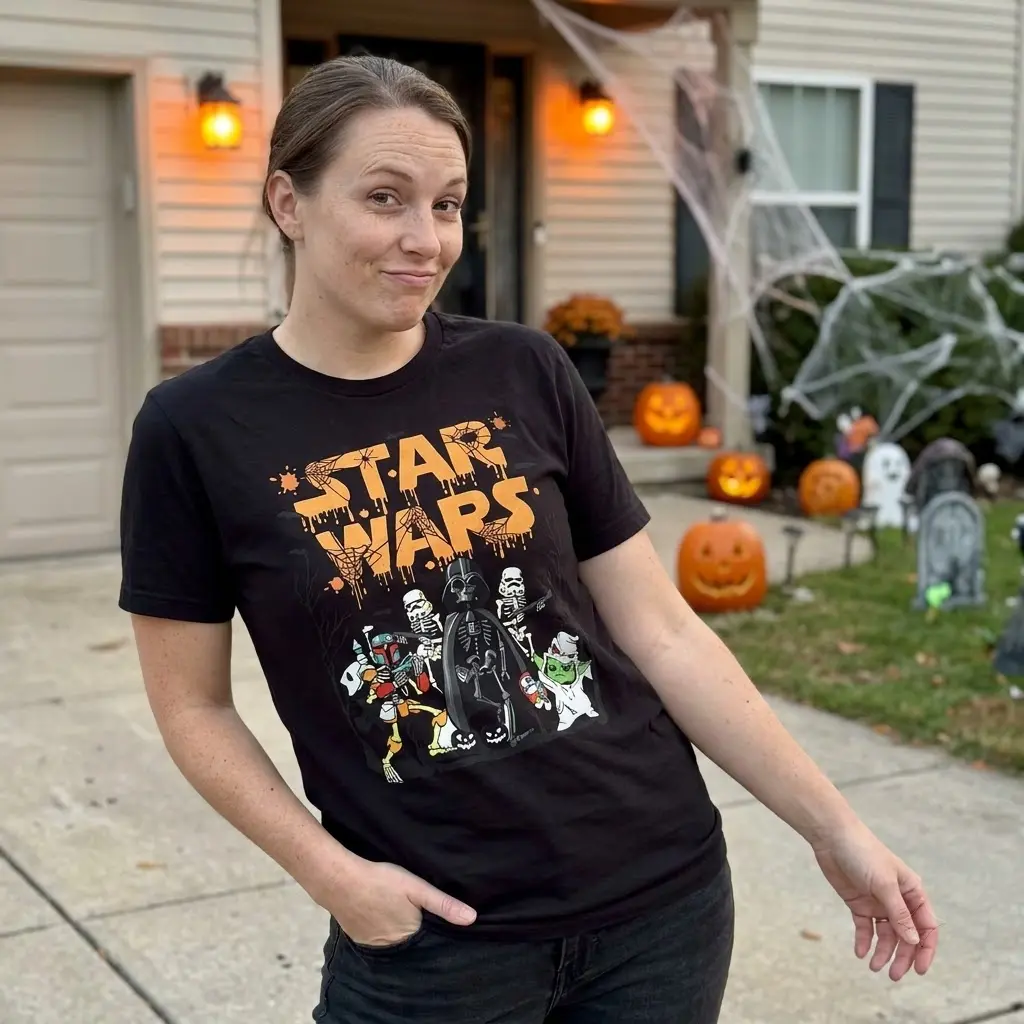 Funny Star Wars Halloween Skeleton Characters T-Shirt 6 A t-shirt with a playful Star Wars Halloween mashup design, depicting skeleton characters and a ghost Yoda celebrating spooky fun.