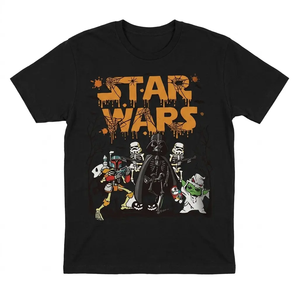 Funny Star Wars Halloween Skeleton Characters T-Shirt 1 Black t-shirt flatlay displaying a Star Wars Halloween design with skeleton Vader, Stormtroopers, Boba Fett, and ghost Yoda under dripping orange text.