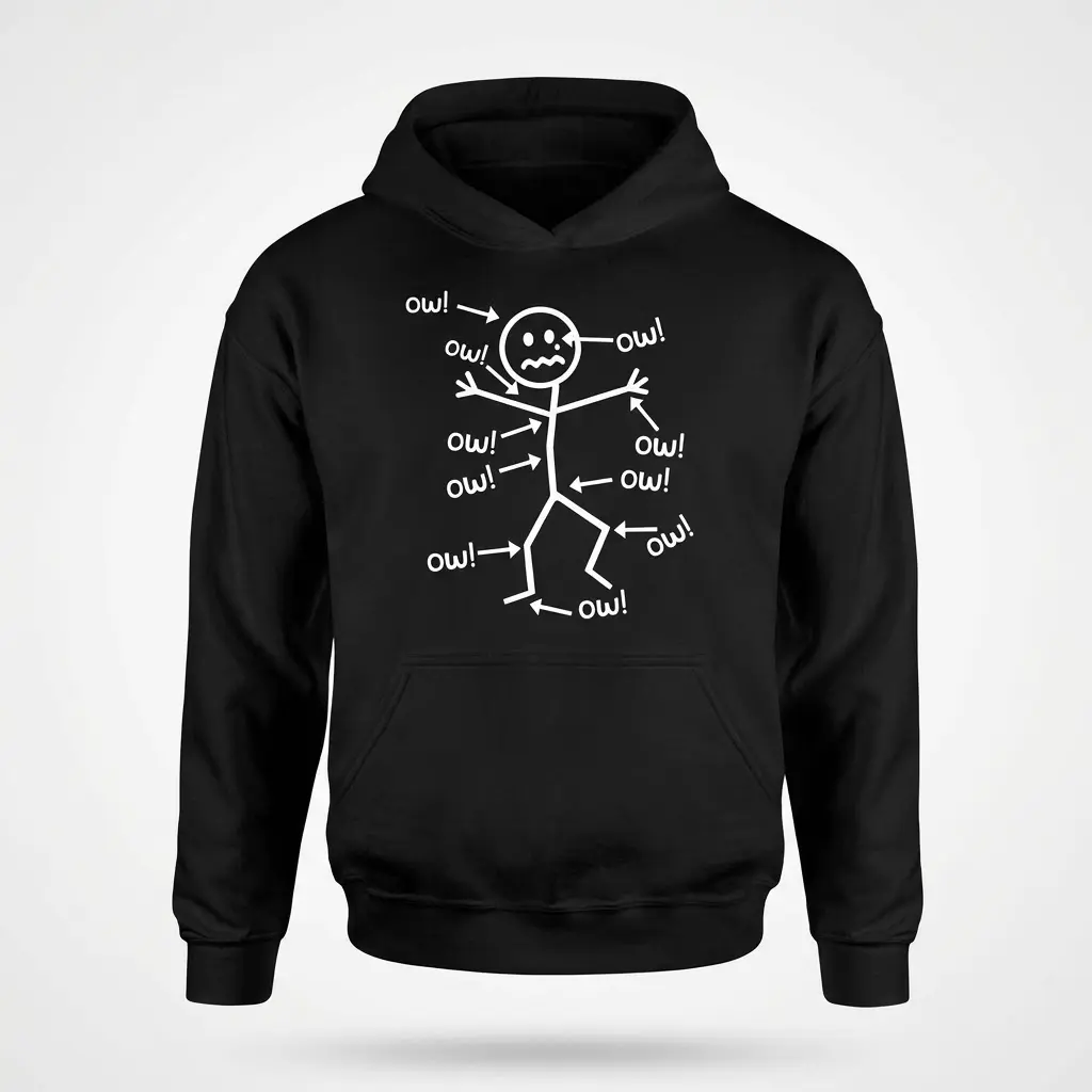 Funny Stick Figure Ow! Pain Humor T-Shirt 2 Black hoodie flatlay featuring the funny stick figure design repeatedly exclaiming 'ow!' at different body parts.