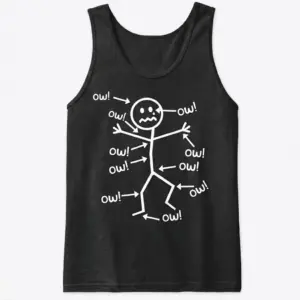 Funny Stick Figure Ow! Pain Humor T-Shirt 8 Front flatlay of a black tanktop displaying the 'ow!' stick figure design, depicting humorous exaggerated pain.