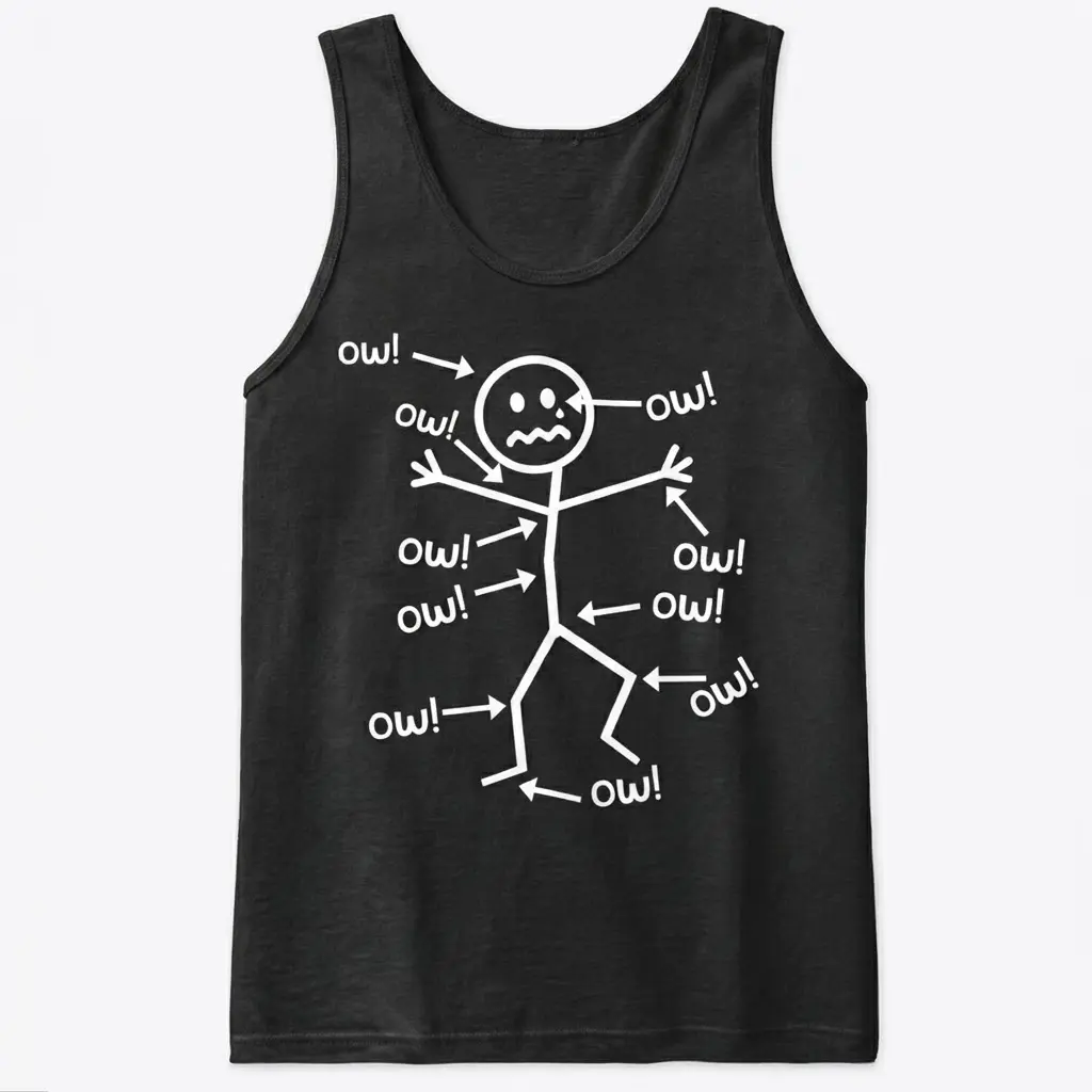 Funny Stick Figure Ow! Pain Humor T-Shirt 3 Front flatlay of a black tanktop displaying the 'ow!' stick figure design, depicting humorous exaggerated pain.