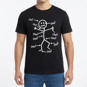 Funny Stick Figure Ow! Pain Humor T-Shirt 9 Front view of a man wearing a black t-shirt with the 'ow!' stick figure design, showing arrows pointing to pain points.