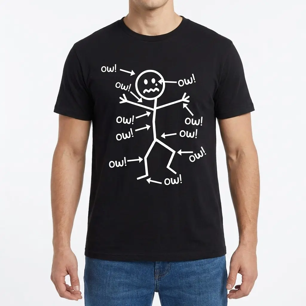 Funny Stick Figure Ow! Pain Humor T-Shirt 4 Front view of a man wearing a black t-shirt with the 'ow!' stick figure design, showing arrows pointing to pain points.