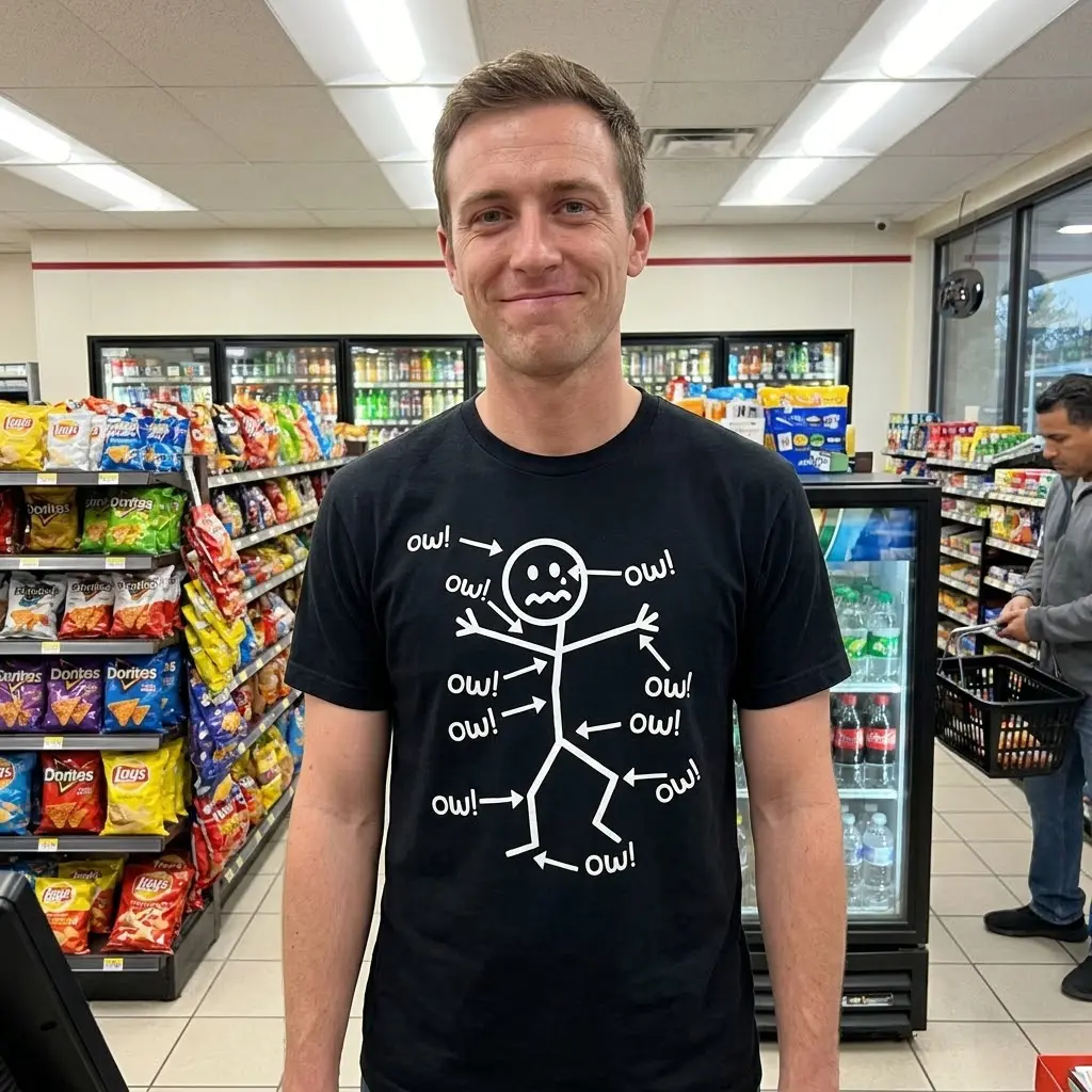Funny Stick Figure Ow! Pain Humor T-Shirt 5 Funny black t-shirt with a white stick figure cartoon, humorously illustrating multiple pain points with 'ow!' text.