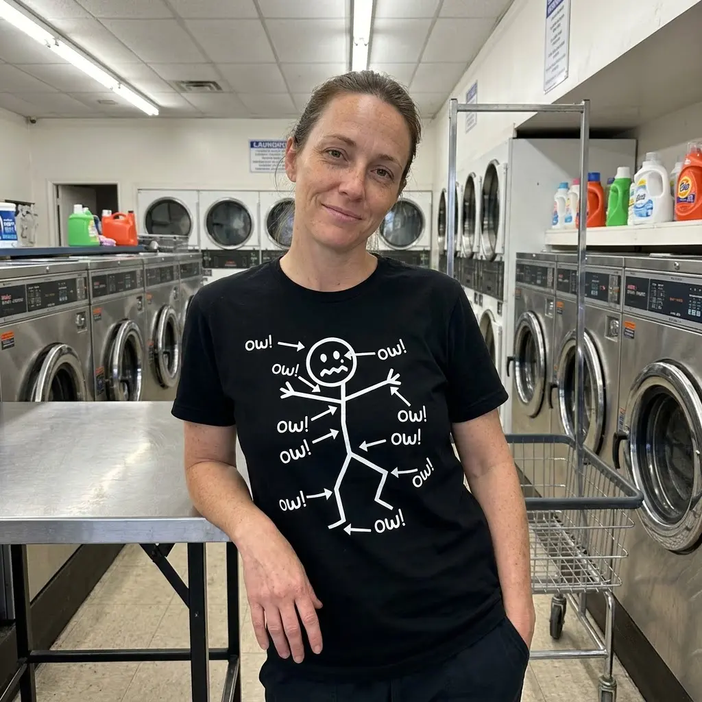 Funny Stick Figure Ow! Pain Humor T-Shirt 6 Black garment featuring the comical stick figure design, marked with arrows and 'ow!' for an an absurd humor style.