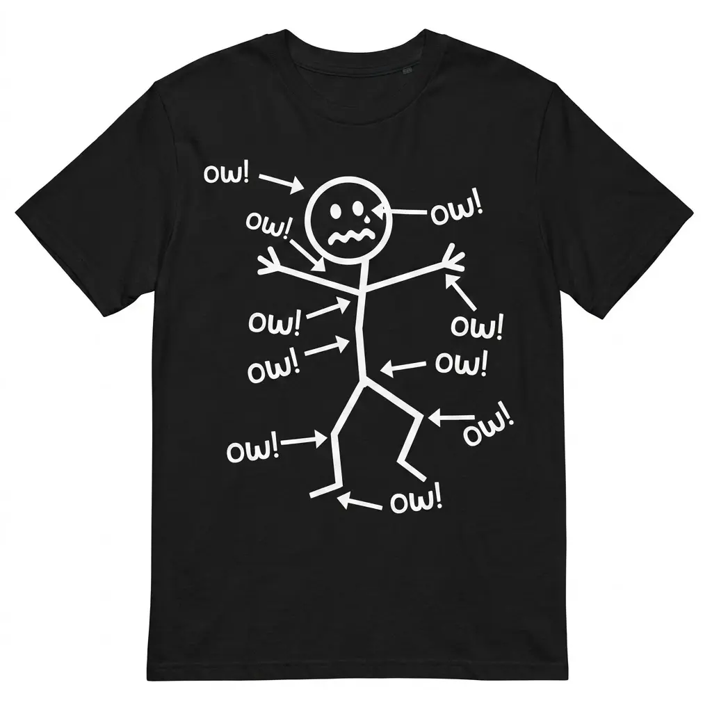 Funny Stick Figure Ow! Pain Humor T-Shirt 1 Black t-shirt flatlay with a white stick figure design showing arrows pointing to its body, each labeled 'ow!