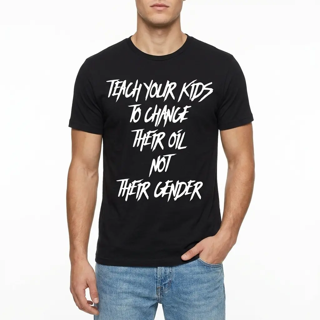 Funny Teach Kids To Change Oil T-Shirt 3 Detailed shot showing the neckline and shoulder seams of the T-shirt.