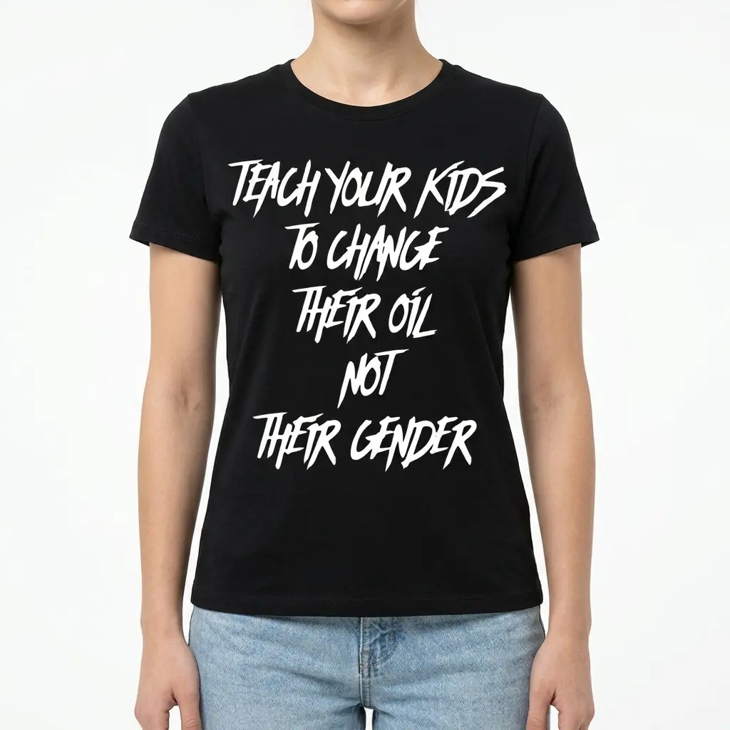 Funny Teach Kids To Change Oil T-Shirt 4 Close-up of the T-shirt fabric texture with visible stitching details.