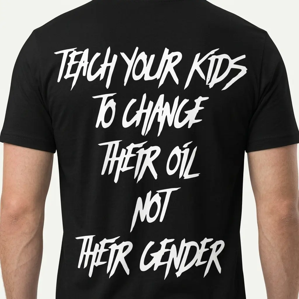Funny Teach Kids To Change Oil T-Shirt 5 Side view of the T-shirt showcasing the sleeve and general fit.