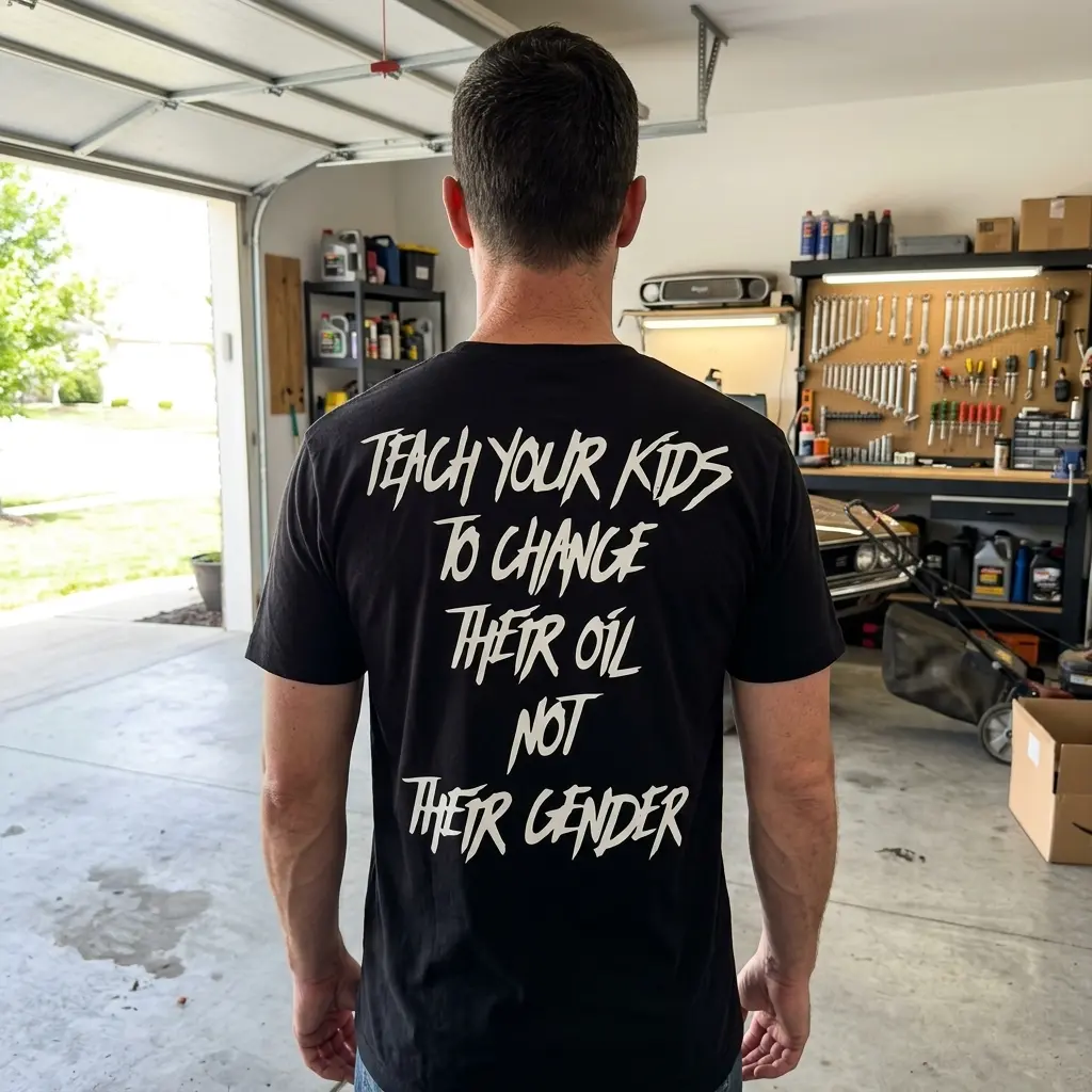 Funny Teach Kids To Change Oil T-Shirt 6 Person wearing the 'Teach Kids to Change Oil' T-shirt in a casual setting.