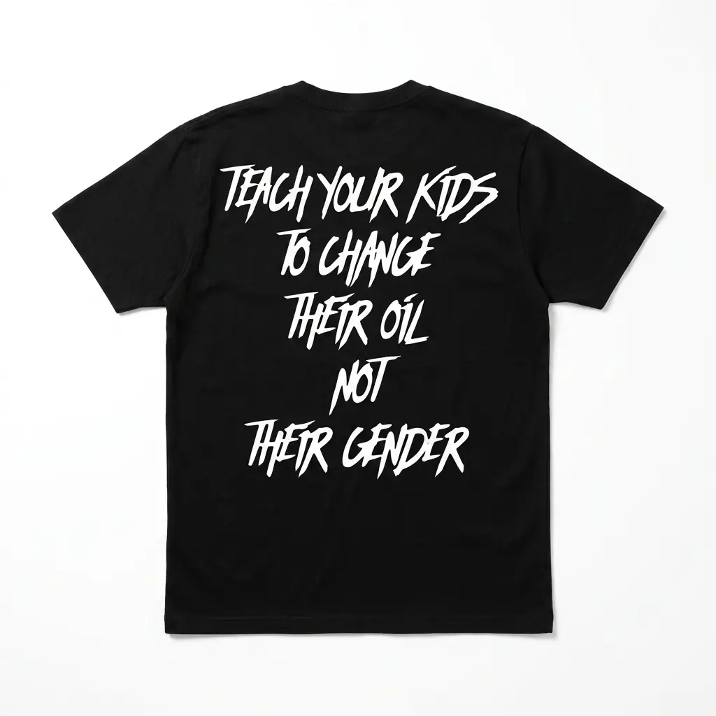 Funny Teach Kids To Change Oil T-Shirt 1 Back view of a black T-shirt with white text about teaching kids to change oil.