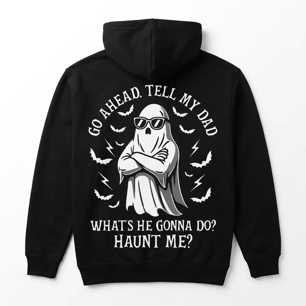 Front view of a black shirt featuring a ghost and funny text on haunting.