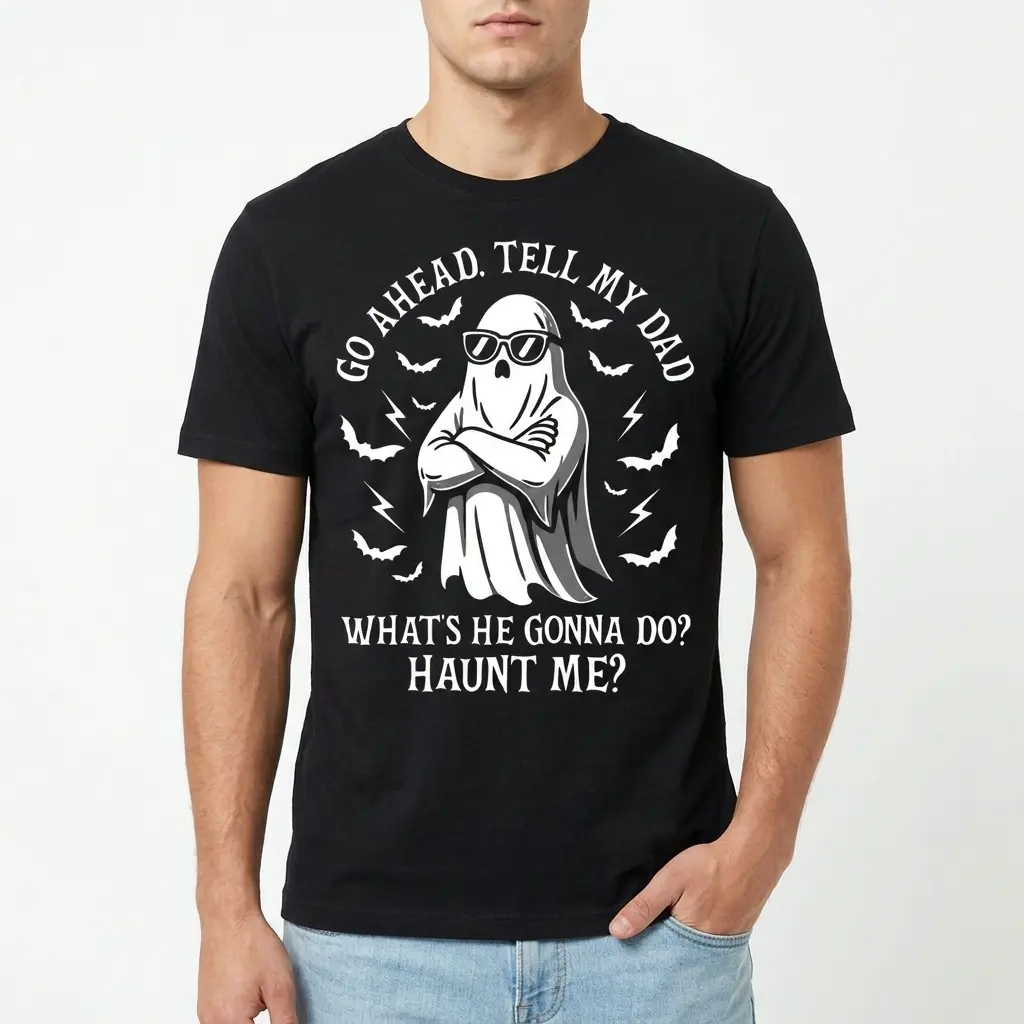 Back view of a humorous T-shirt with ghost illustration and witty quote.