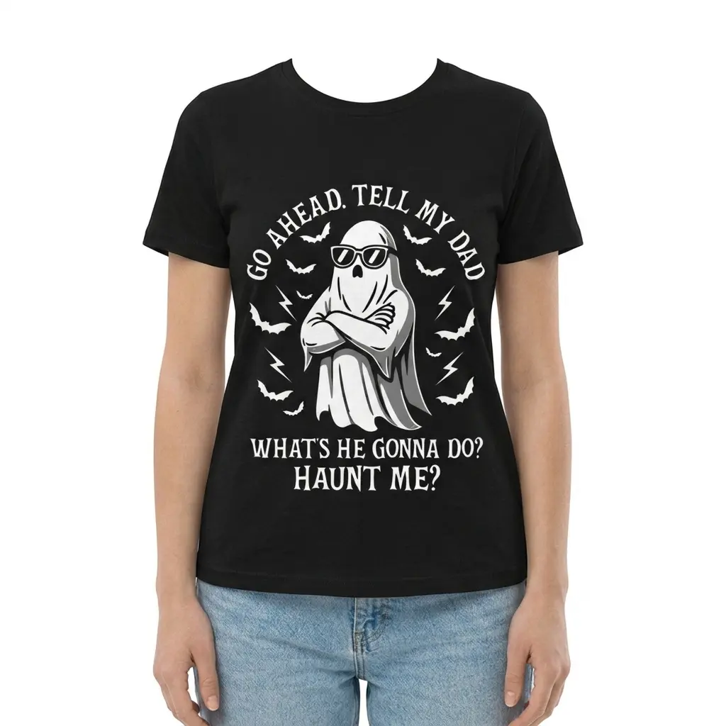 Close-up of a dark humor shirt with ghost design and playful text.