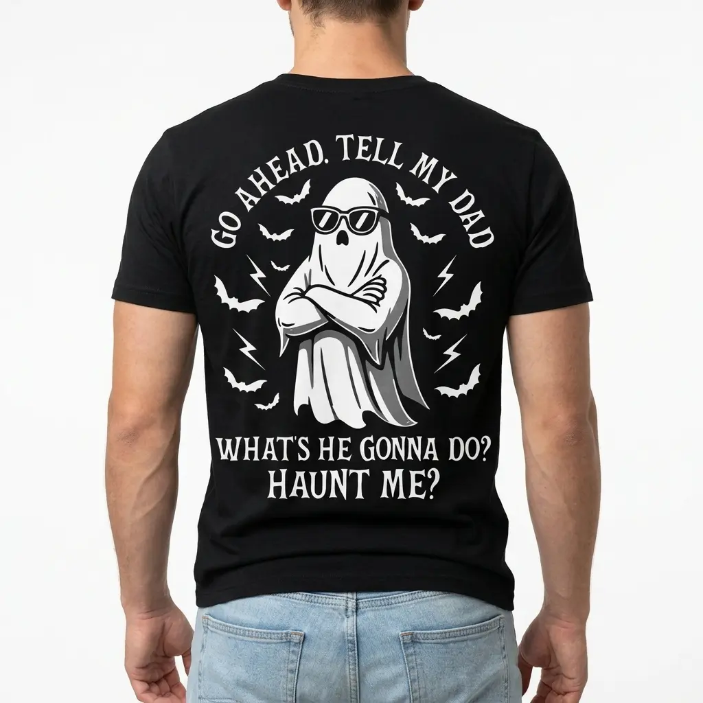 Detailed view of ghost-themed T-shirt with humorous text about haunting.