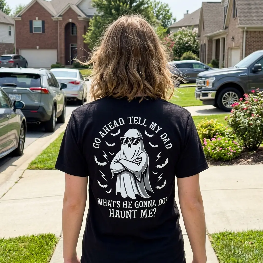 Person wearing a humorous black T-shirt with a ghost and witty text.
