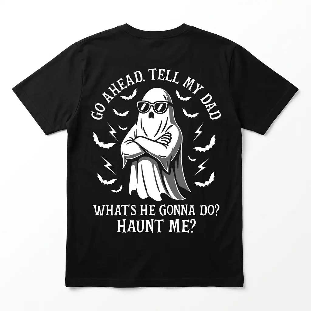 Black T-shirt with ghost graphic and humorous text about haunting.