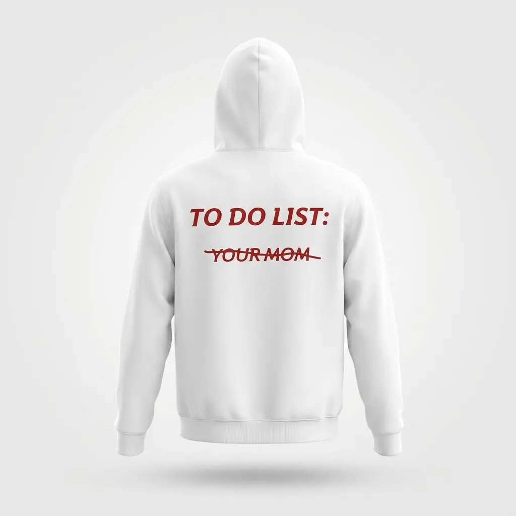 Back of a hoodie with a sarcastic red graphic reading TO DO LIST: YOUR MOM with a strikethrough line.