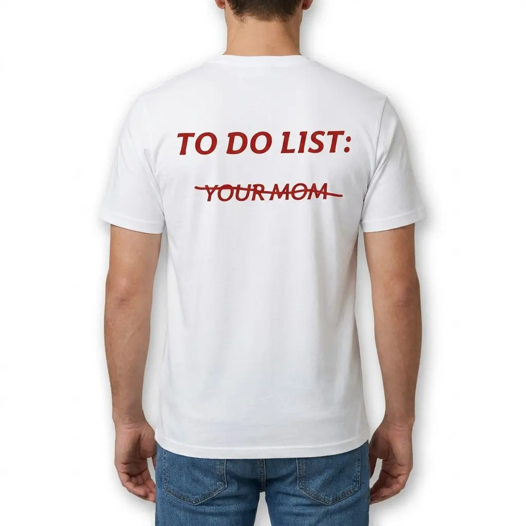 Back view of a man wearing the funny sarcastic t-shirt with red TO DO LIST: YOUR MOM crossed out design.