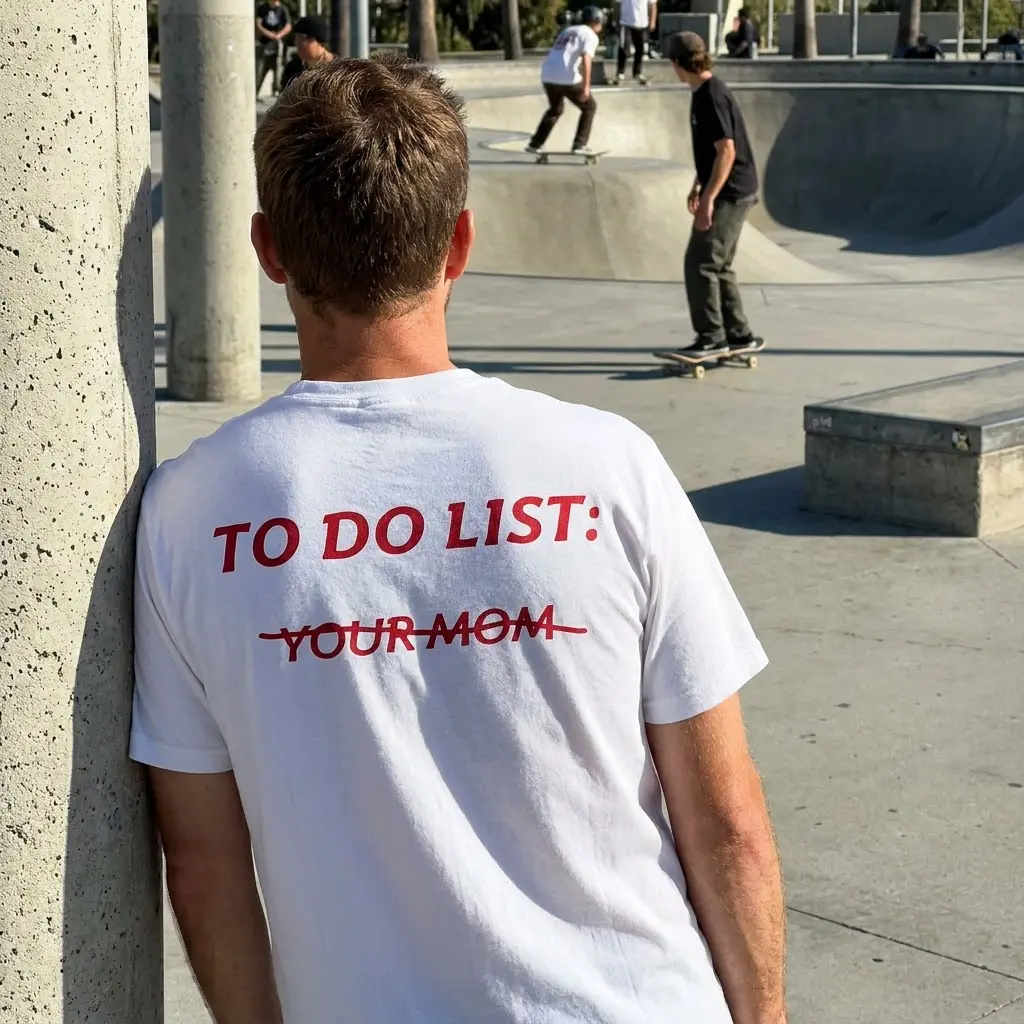 Casual lifestyle setting highlighting the back print of the edgy, sarcastic TO DO LIST: YOUR MOM joke shirt.