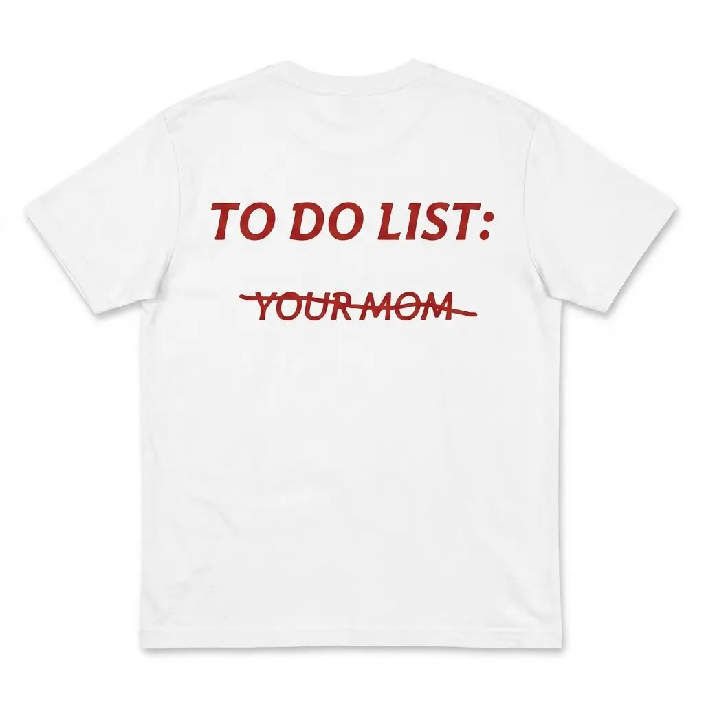 Back of a white t-shirt featuring red text that reads TO DO LIST: with YOUR MOM crossed out underneath.