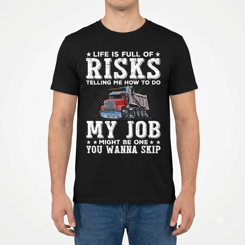 Man wearing a funny truck driver shirt, front view.
