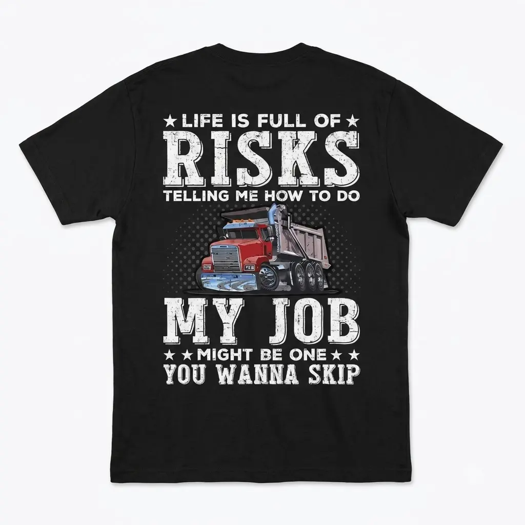 Back view of a funny truck driver shirt with a truck illustration.