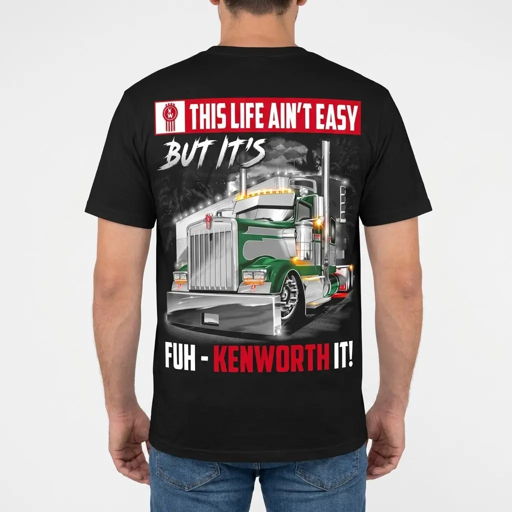 Funny Trucker Kenworth Life T-Shirt 4 Back view of a man wearing a black t-shirt featuring the Kenworth truck design and "Fuh-Kenworth It!" slogan.