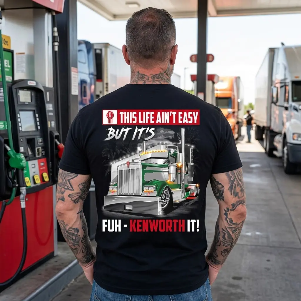 Funny Trucker Kenworth Life T-Shirt 5 Black t-shirt with the humorous Kenworth truck driver design, displayed in a casual lifestyle setting.