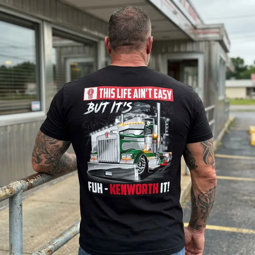 Funny Trucker Kenworth Life T-Shirt 6 The "This Life Ain't Easy But It's Fuh-Kenworth It!" Kenworth design prominently featured on a black garment in a lifestyle shot.
