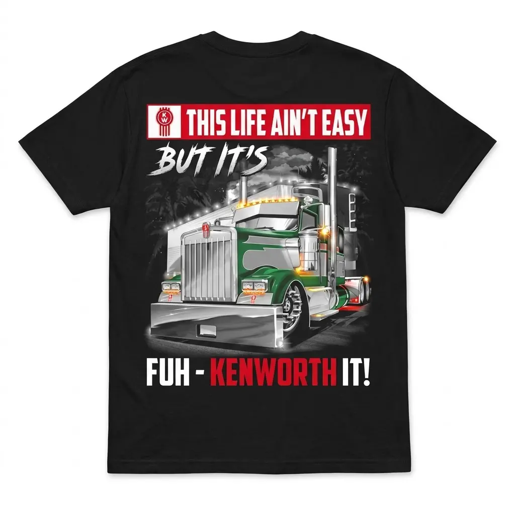 Funny Trucker Kenworth Life T-Shirt 1 Black t-shirt flatlay showing the back with a green and silver Kenworth truck design and "This Life Ain't Easy But It's Fuh-Kenworth It!" text.