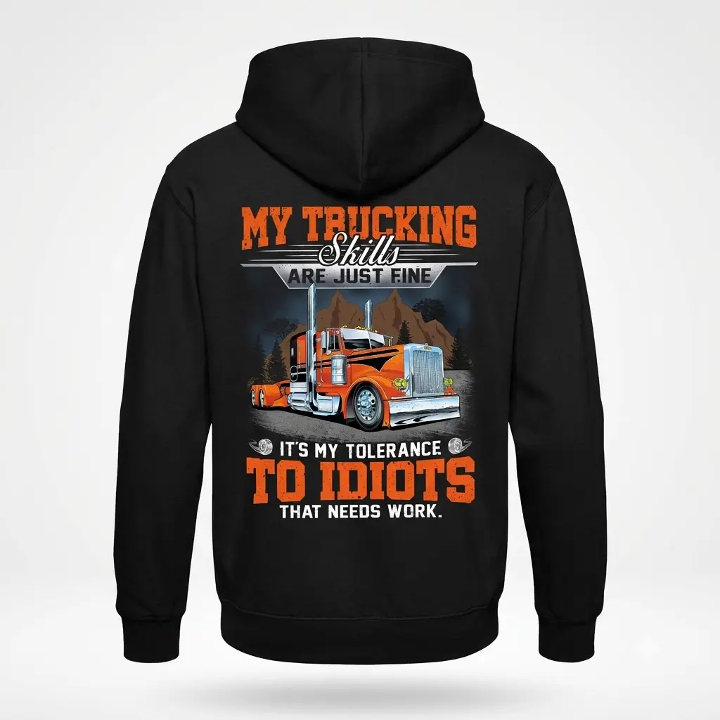 Hoodie back flat lay featuring funny trucker-themed design.