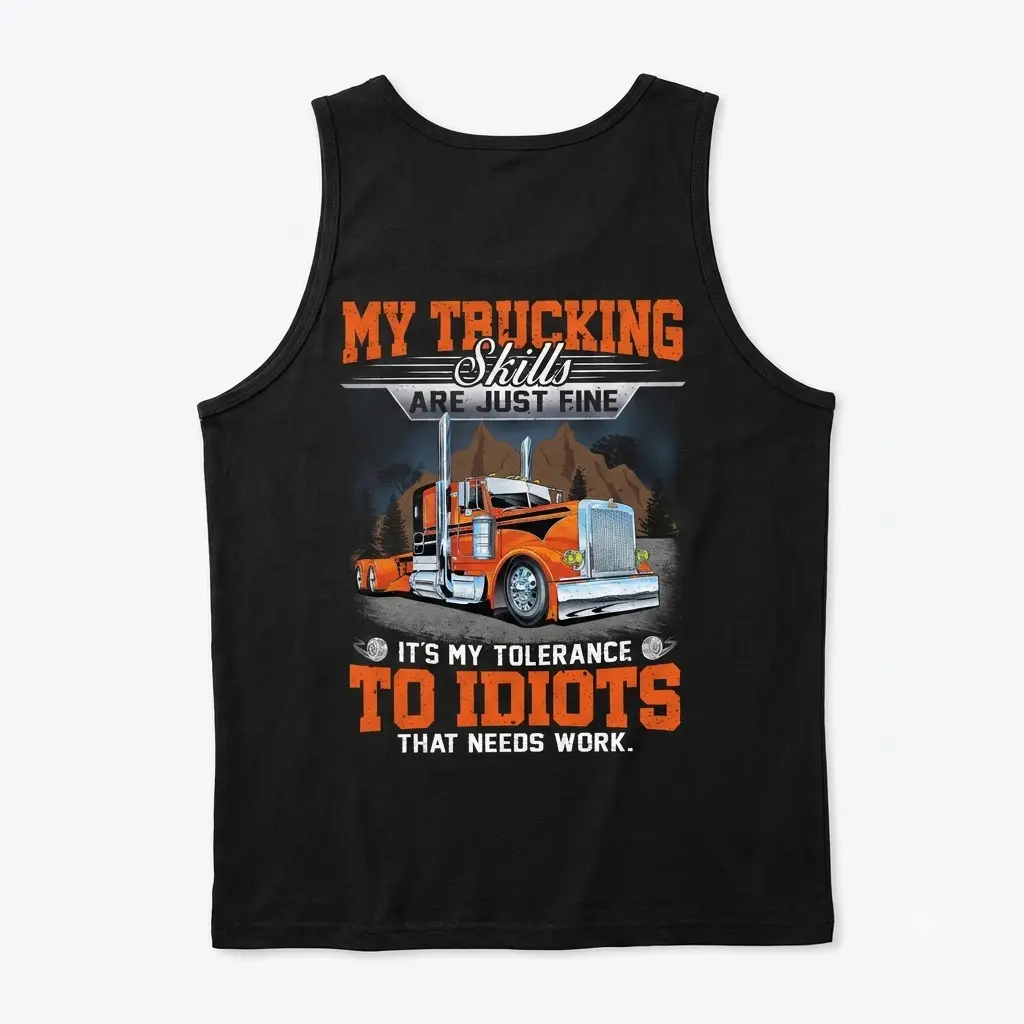 Tank top back flat lay with amusing trucker graphic.