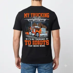 Funny Trucker Skills Big Rig Driver T-Shirt 9 Man modeling the shirt from the back showcasing trucker design.