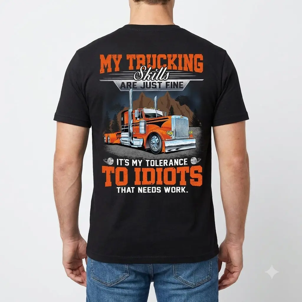 Man modeling the shirt from the back showcasing trucker design.
