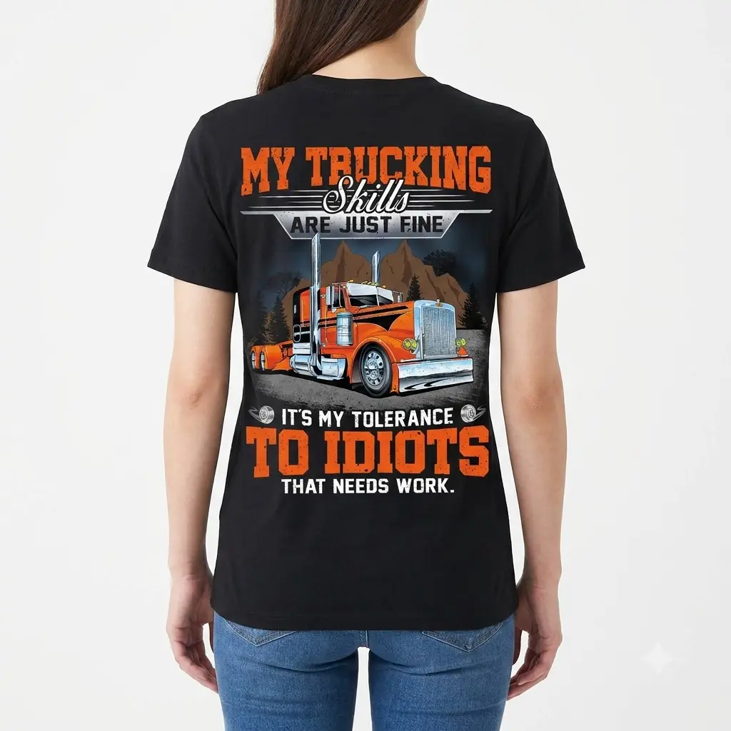 Woman modeling the shirt from the back with trucker-themed print.