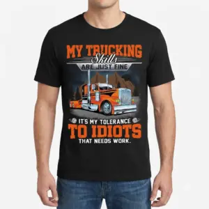 Funny Trucker Skills Big Rig Driver T-Shirt 11 Man modeling the shirt from the front, no visible design.