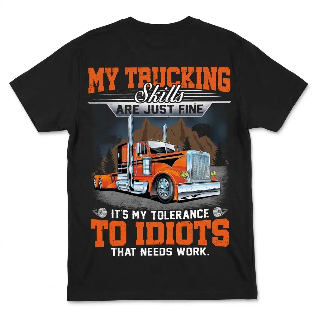 Trucker shirt back flat lay with funny text and big rig design.