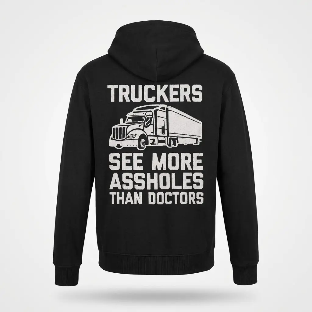 Back view of a black hoodie featuring the funny trucker semi-truck graphic print.