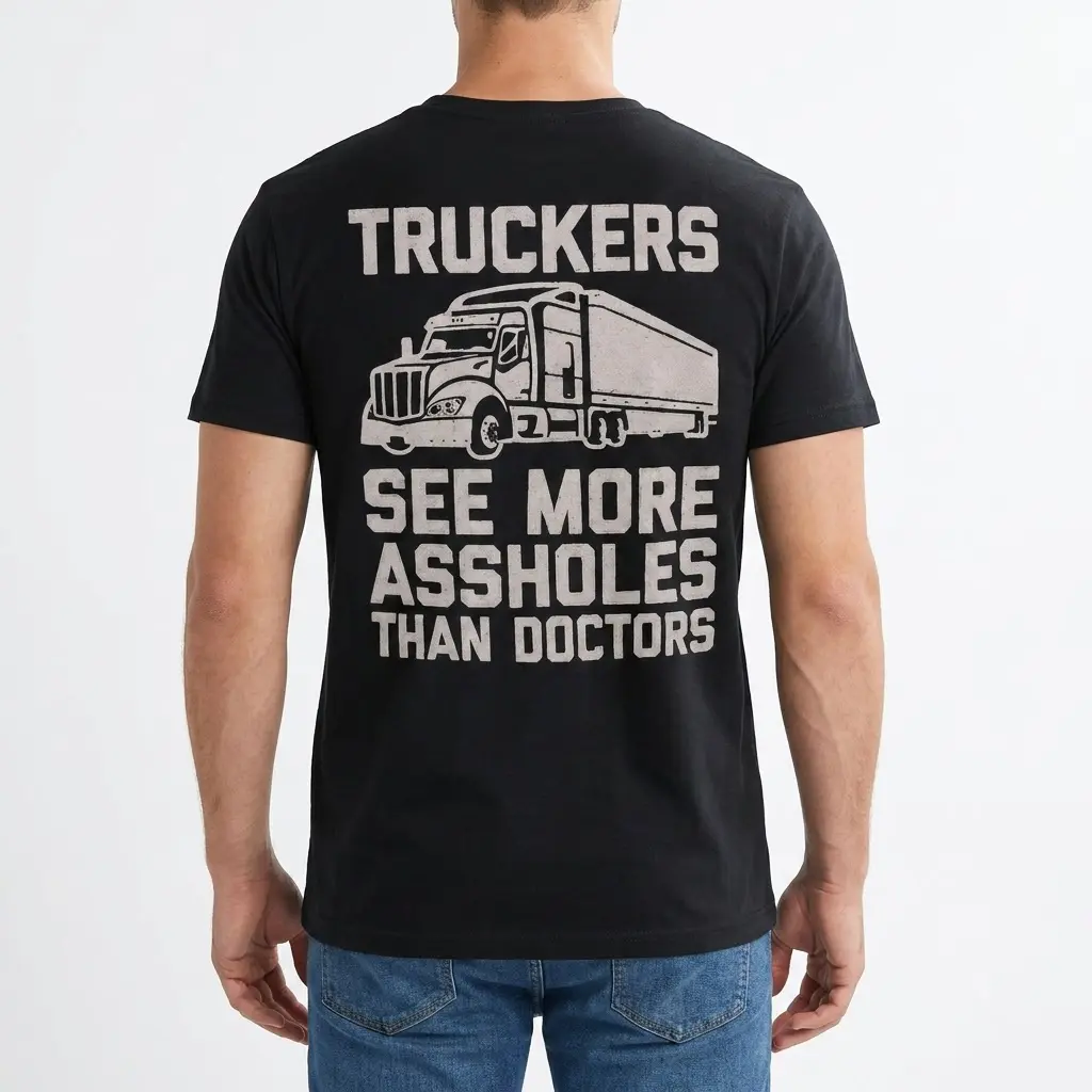 Back view of a man wearing the black funny trucker graphic t-shirt.