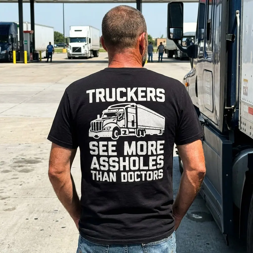 Lifestyle view of the back of the funny trucker t-shirt with semi-truck graphic.