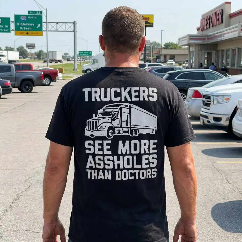 Casual lifestyle setting showing the humorous trucker design on a black shirt.