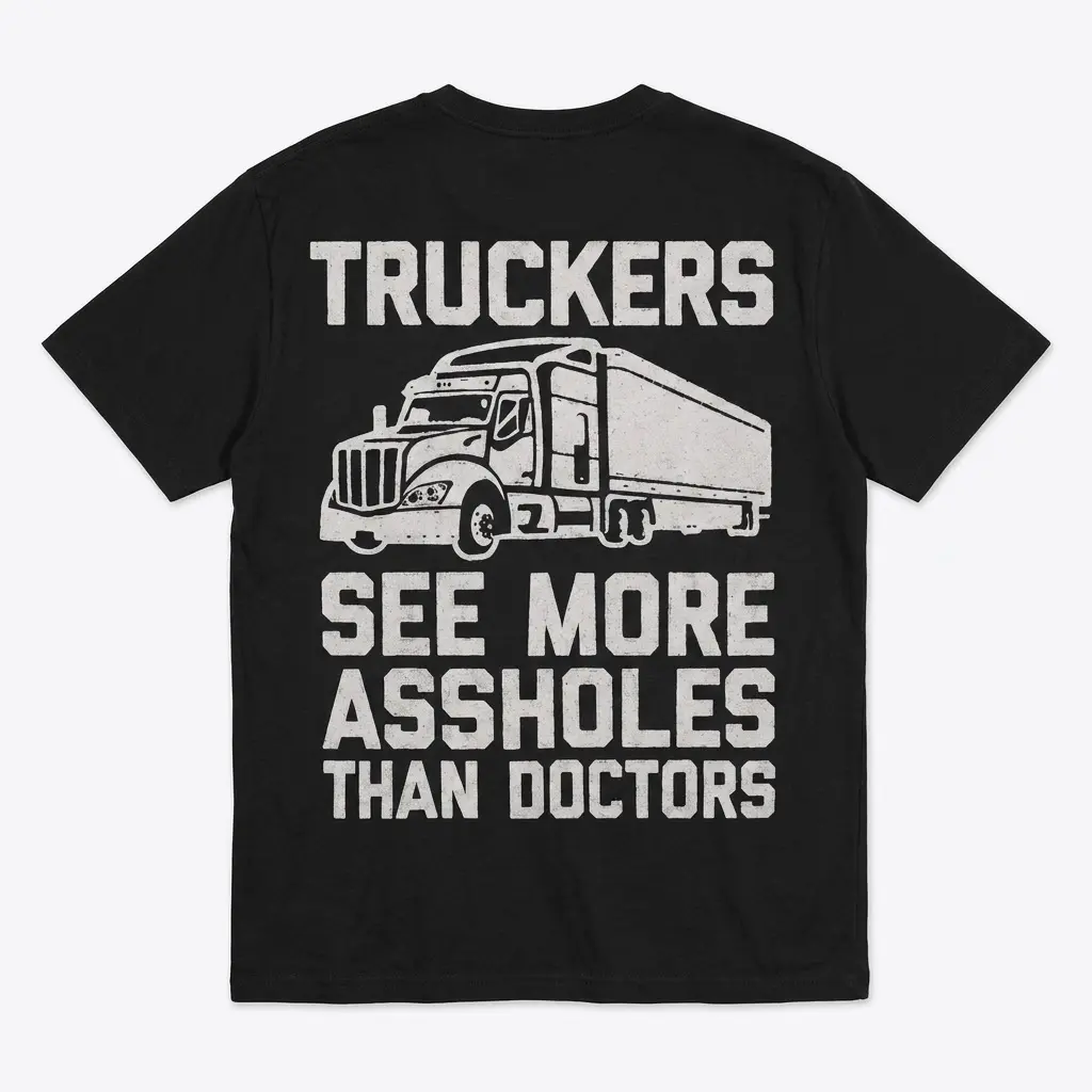 Back view of a black t-shirt with a semi-truck graphic and funny trucker quote.