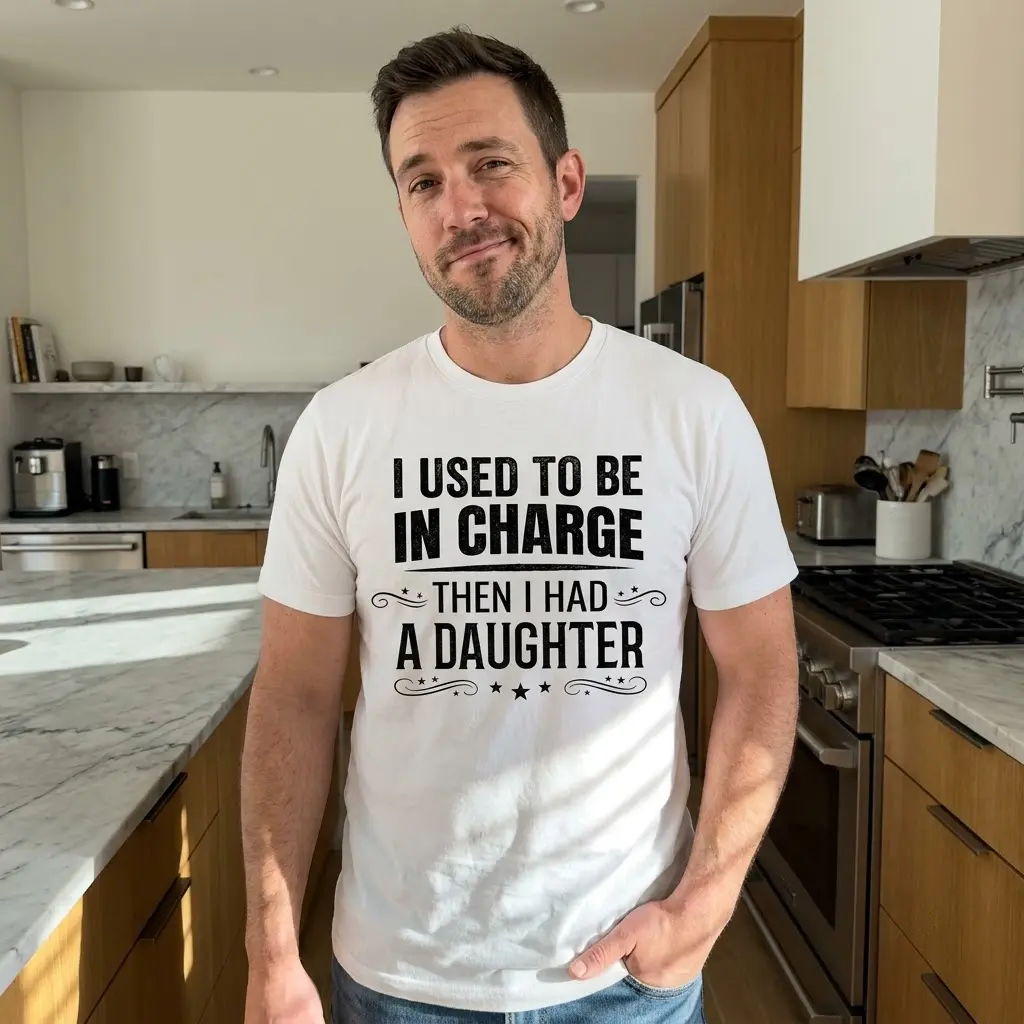 Funny Used To Be In Charge Daughter T-Shirt 5 Lifestyle shot showing the funny girl dad shirt with I Used To Be In Charge Then I Had A Daughter.
