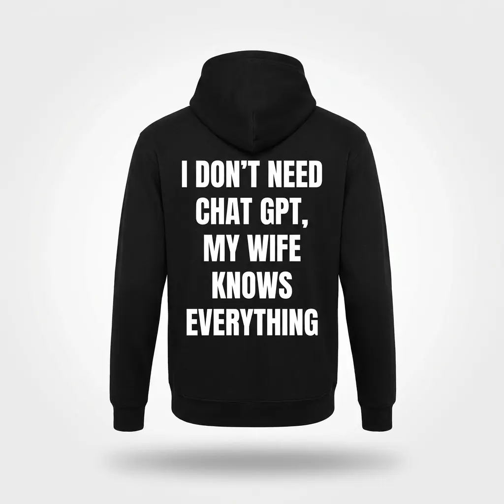 Black graphic hoodie reading I don't need Chat GPT, my wife knows everything, shown front view.
