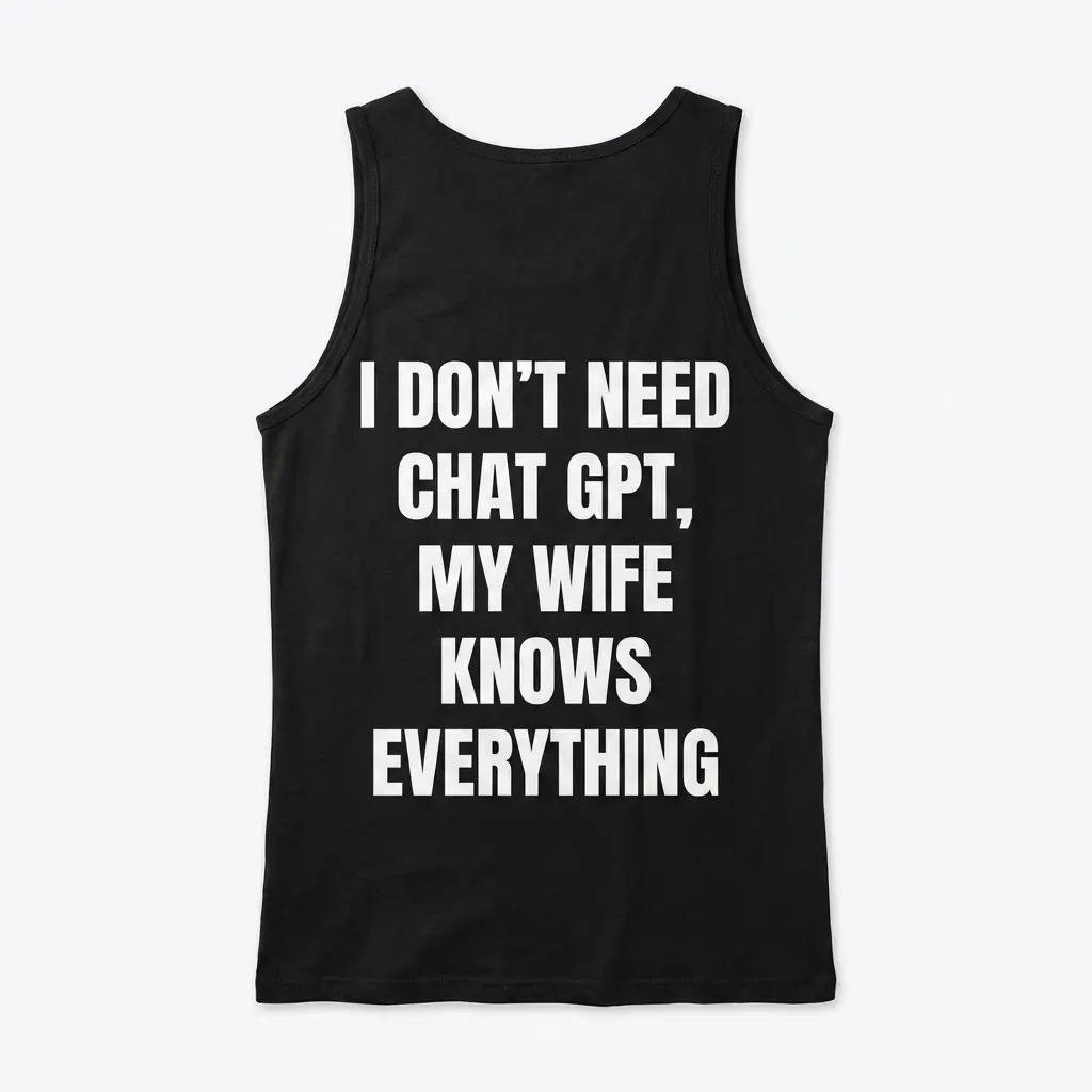 Black front-flatlay tank top mockup with the same wife knows everything slogan.