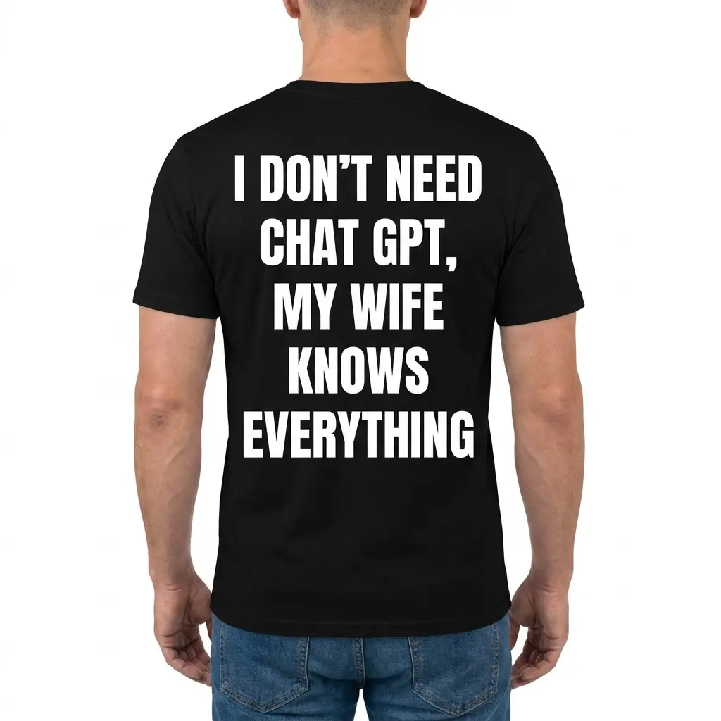 Man wearing black slogan T-shirt reading I don't need Chat GPT, my wife knows everything.