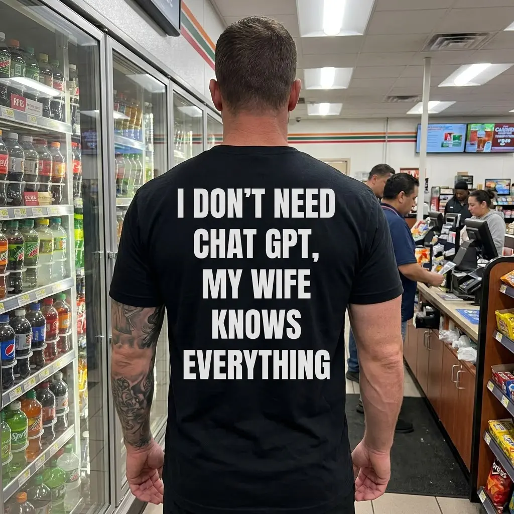 Lifestyle view of a wife knows everything shirt with bold white text on a black T-shirt.