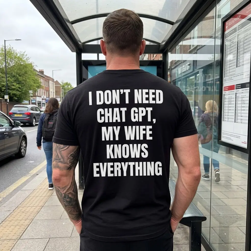 Lifestyle view of the humorous husband black T-shirt reading I don't need Chat GPT, my wife knows everything.