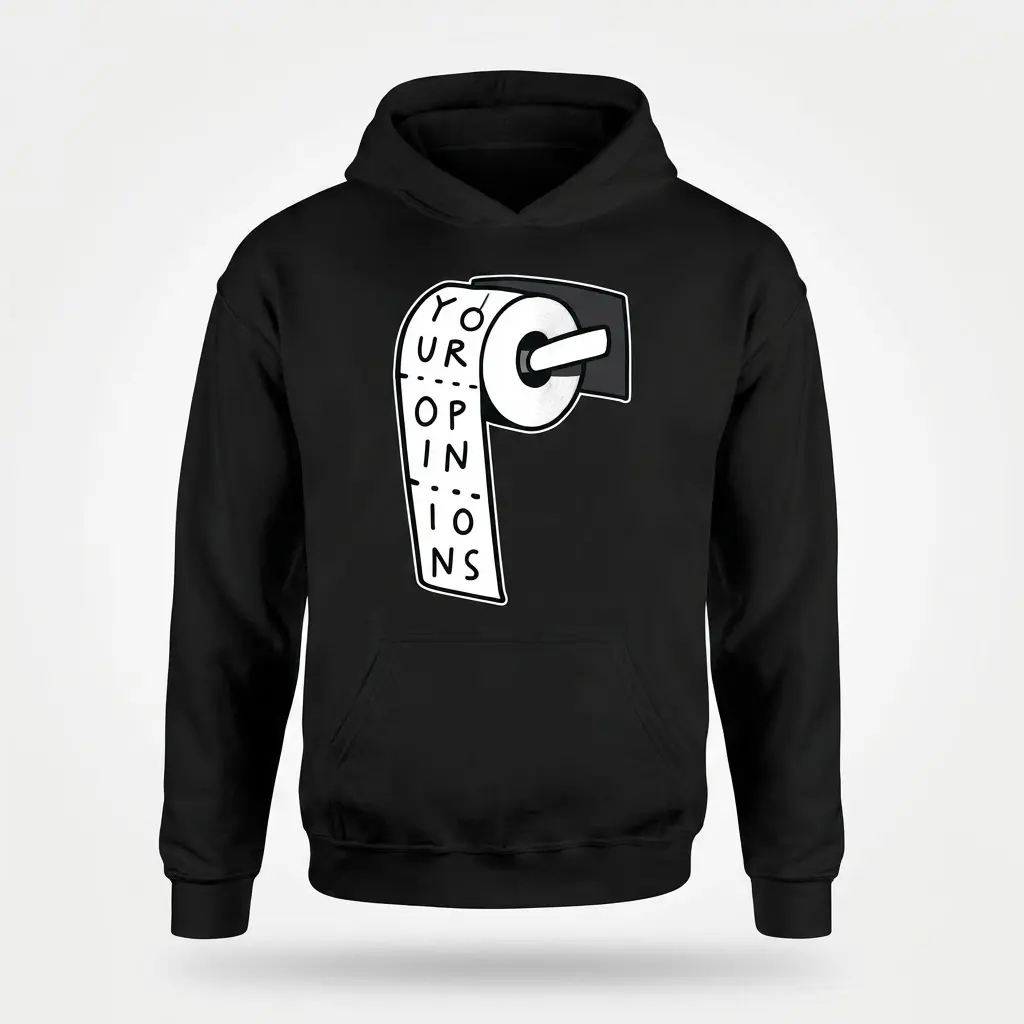 Funny Your Opinions Toilet Paper T-Shirt 2 Black pullover hoodie flat lay featuring a toilet paper roll graphic reading YOUR OPINIONS on the paper.